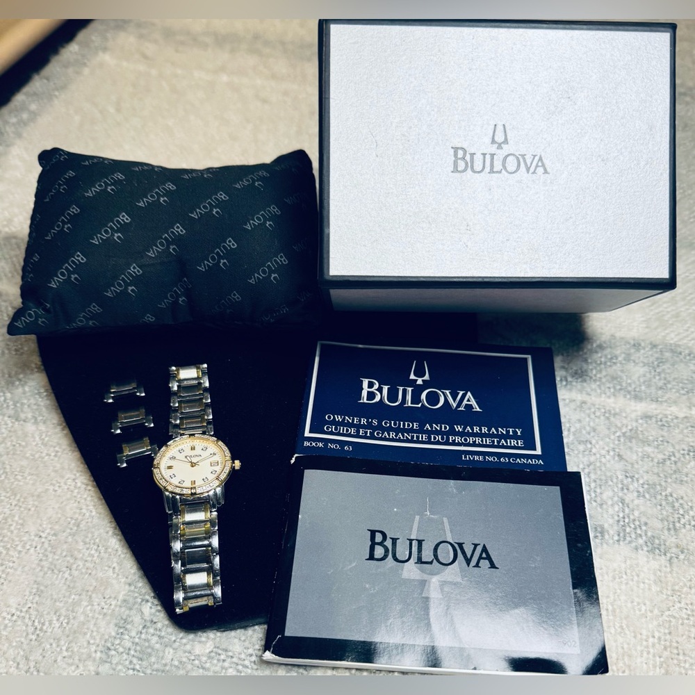 Bulova Two-Tone Stainless Mother of Pearl, Diamond Bezel Date Indicator Watch - Picture 5 of 15